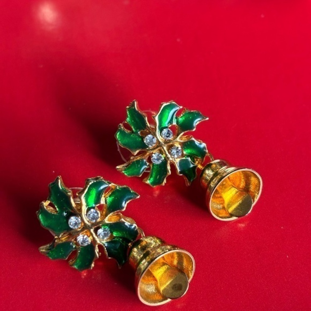 Vintage Christmas Earrings,Emerald and Gold Leaf Earrings